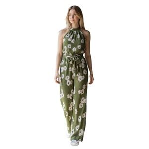 Monteau Olive Green Floral Halter Jumpsuit